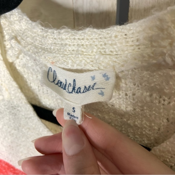 Cloud Chaser Color Block Cream and Pink Acrylic Knit V Neck Sweater - Picture 10 of 11